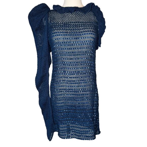 Magda Butrym One Sleeve Crochet Cotton and Leather Mini Dress in Curaçao Navy - Picture 1 of 9